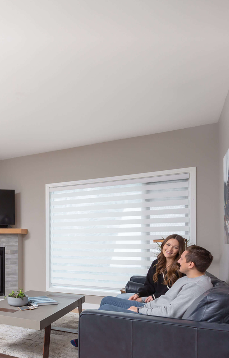 zebra shades sale in living room with happy couple on couch