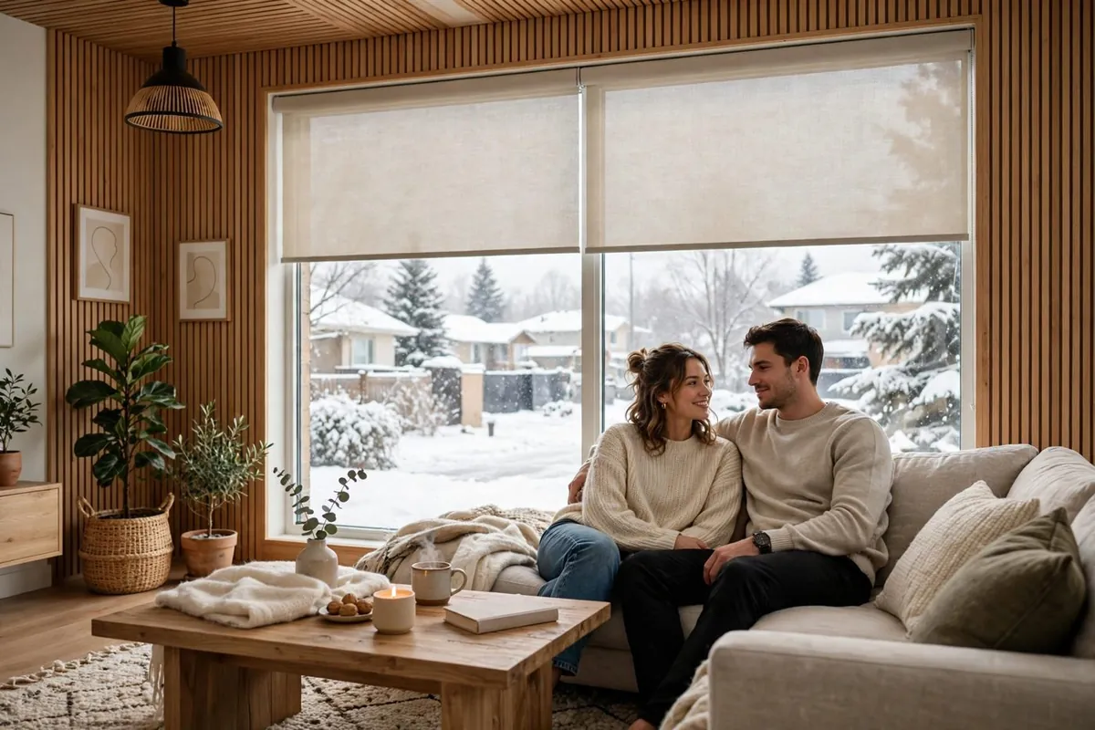 Light filtering roller blinds in a Canadian living room with snow outside