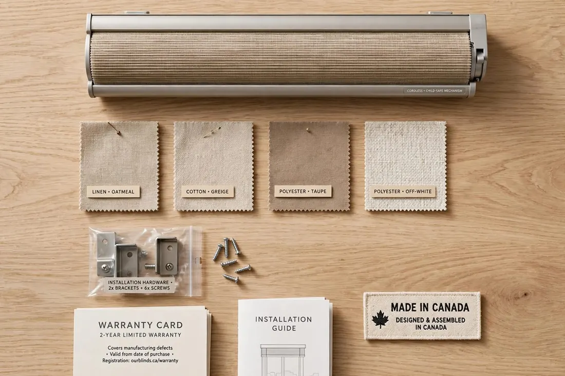 Fabric swatches, cordless mechanism, hardware and warranty card laid out flat
